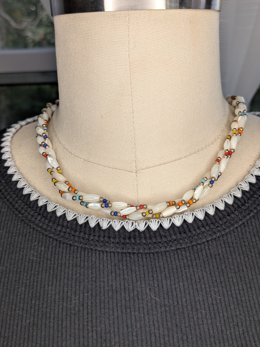 Vintage Multi Strand Twisted Mother of Pearl Rice Bead Rainbow Choker